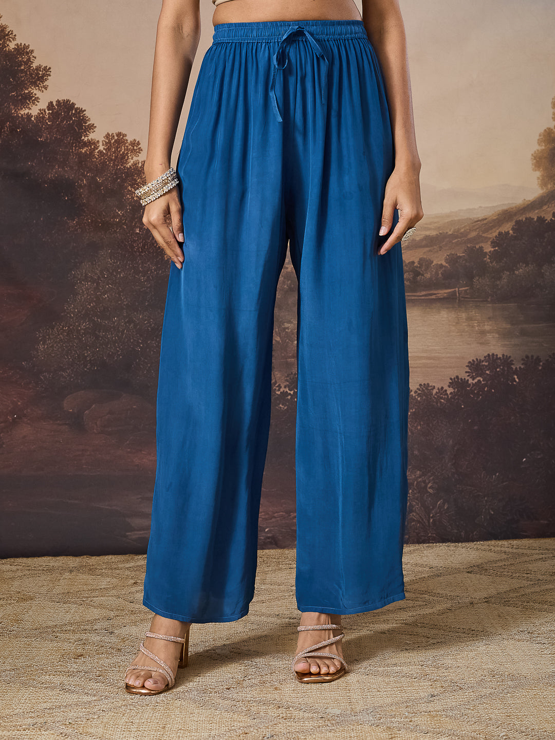 SIA CHIKANKARI CREPE BLUE WIDE LEG PANTS
