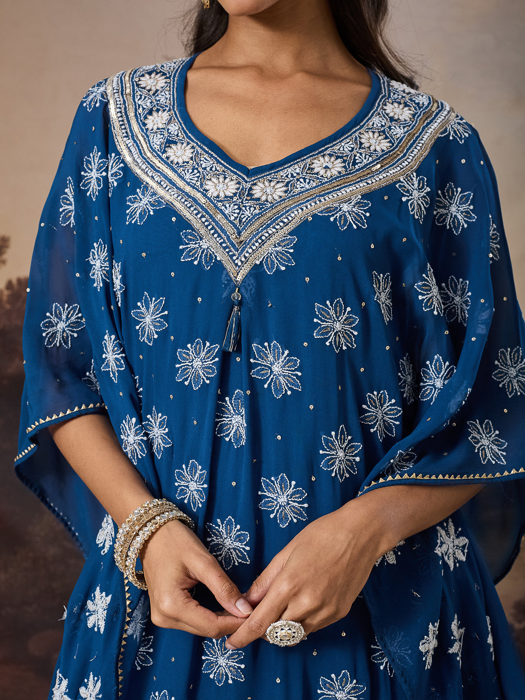 ZARQASH CHIKANKARI GEORGETTE BLUE KAFTAN