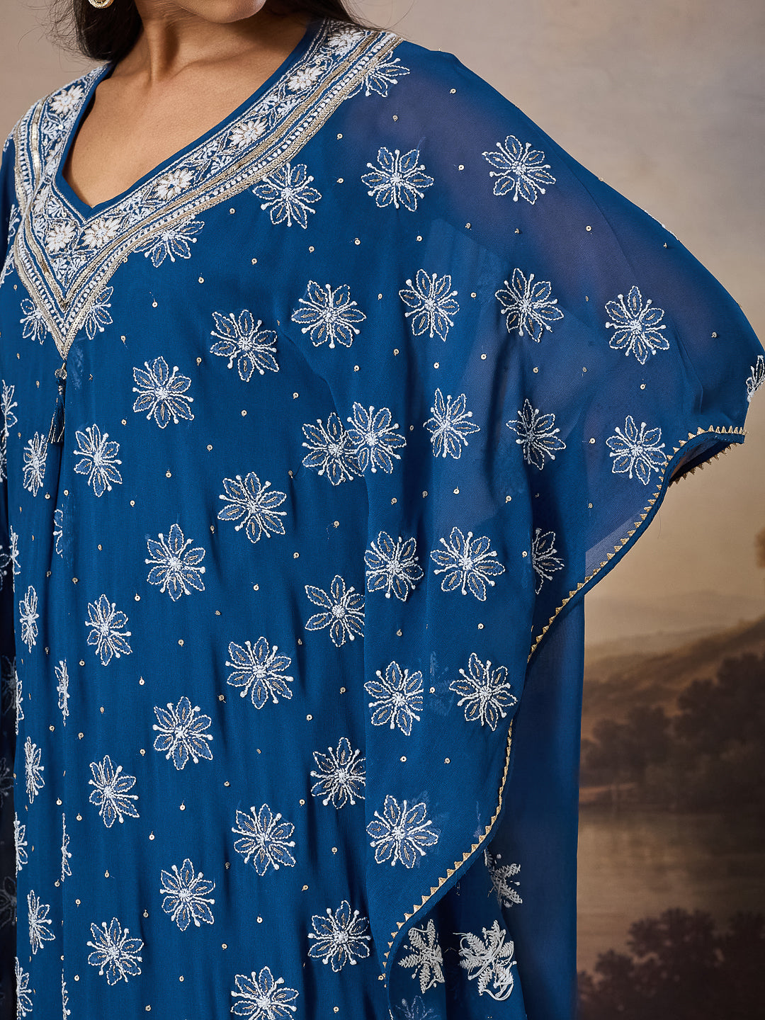 ZARQASH CHIKANKARI GEORGETTE BLUE KAFTAN