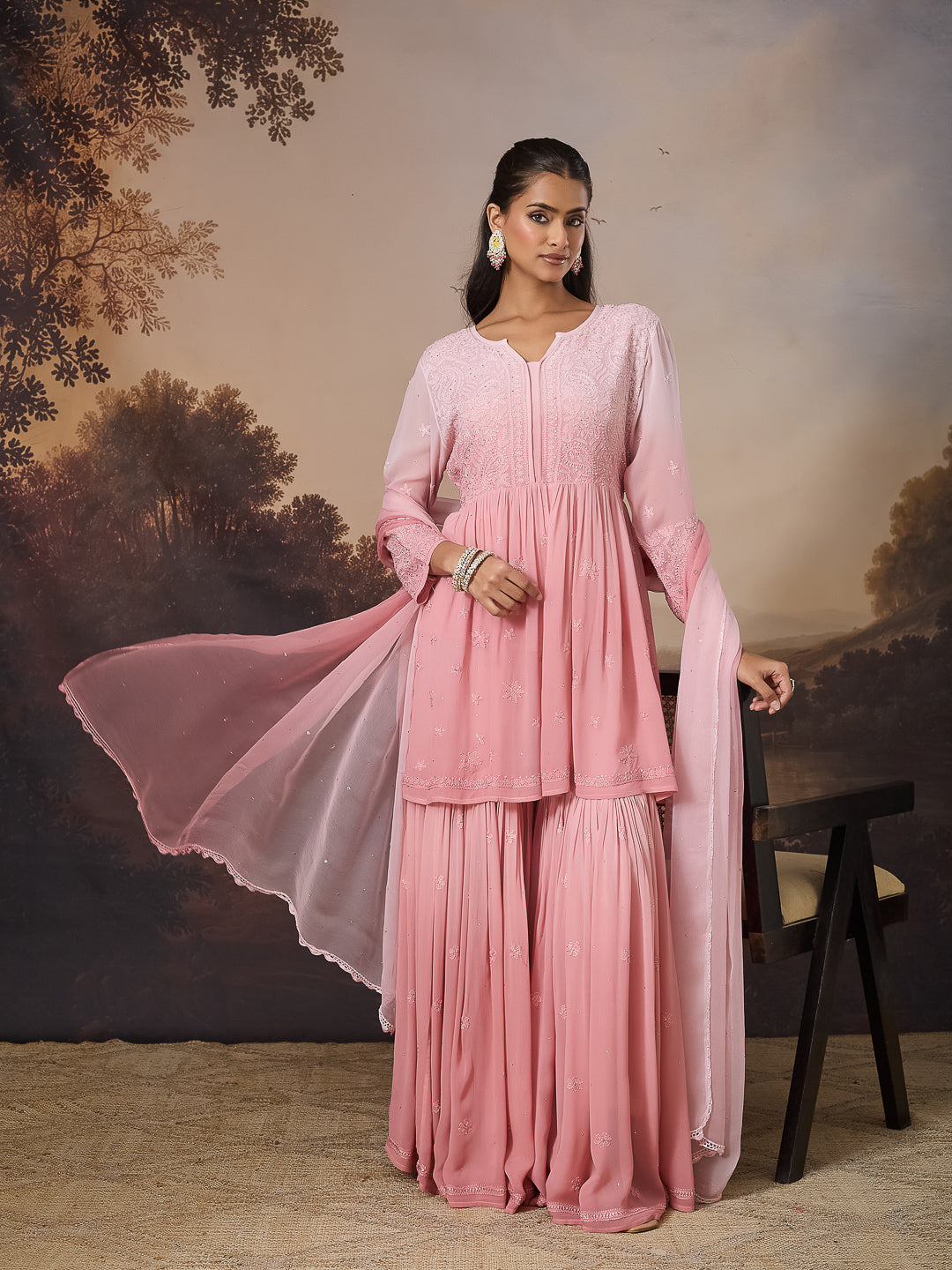 YAMINA CHIKANKARI GEORGETTE PINK TOP