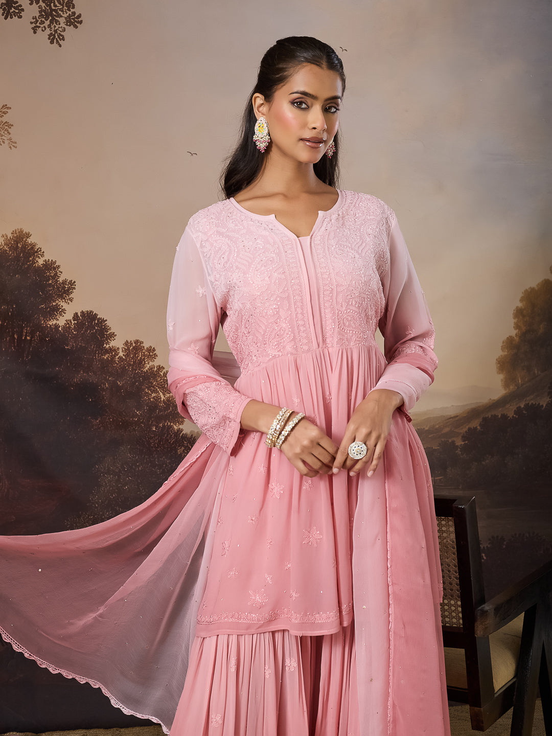 YAMINA CHIKANKARI GEORGETTE PINK TOP