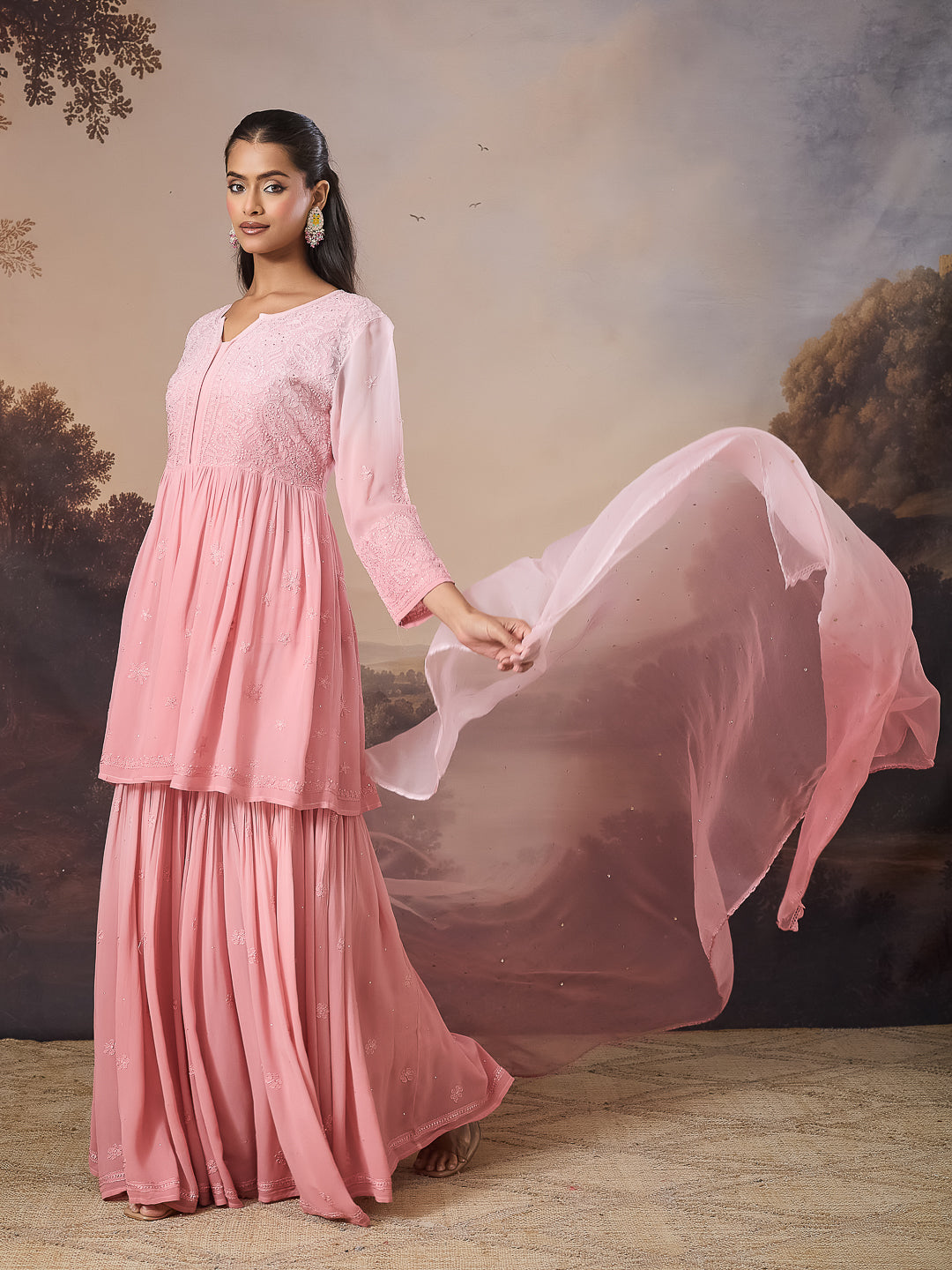 YAMINA CHIKANKARI GEORGETTE PINK TOP