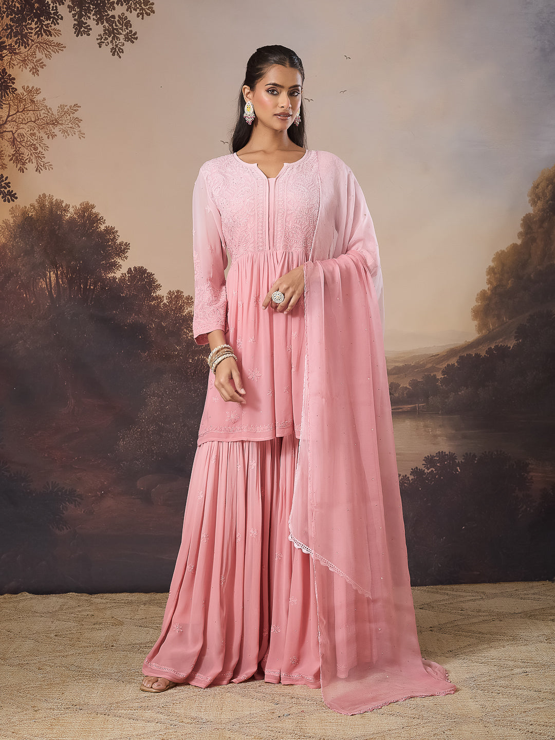 YAMINA CHIKANKARI GEORGETTE PINK TOP