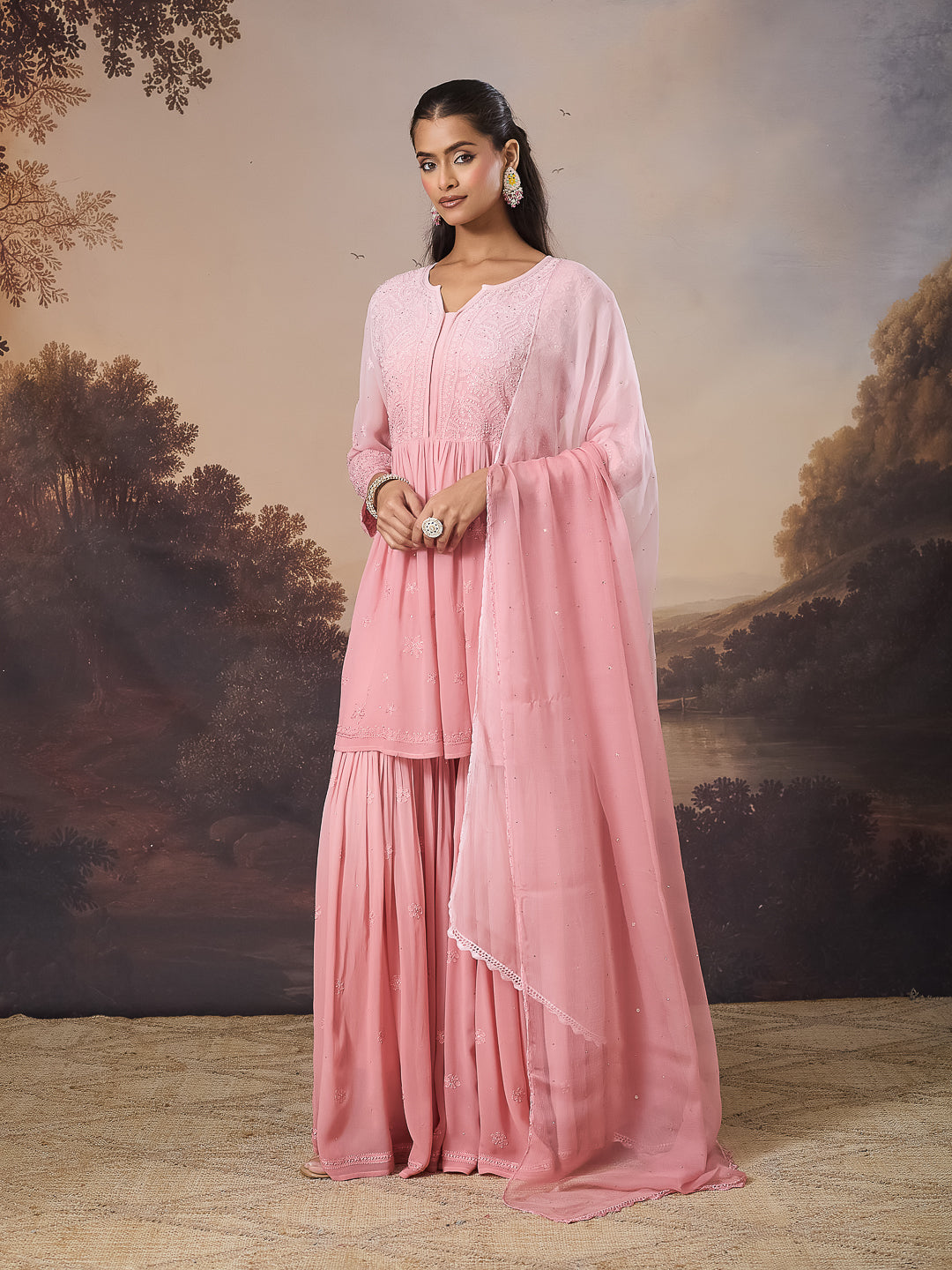 YAMINA CHIKANKARI GEORGETTE PINK TOP