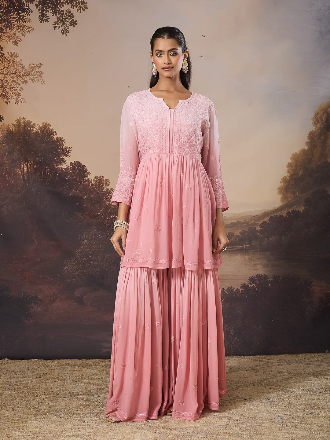 YAMINA CHIKANKARI GEORGETTE PINK TOP