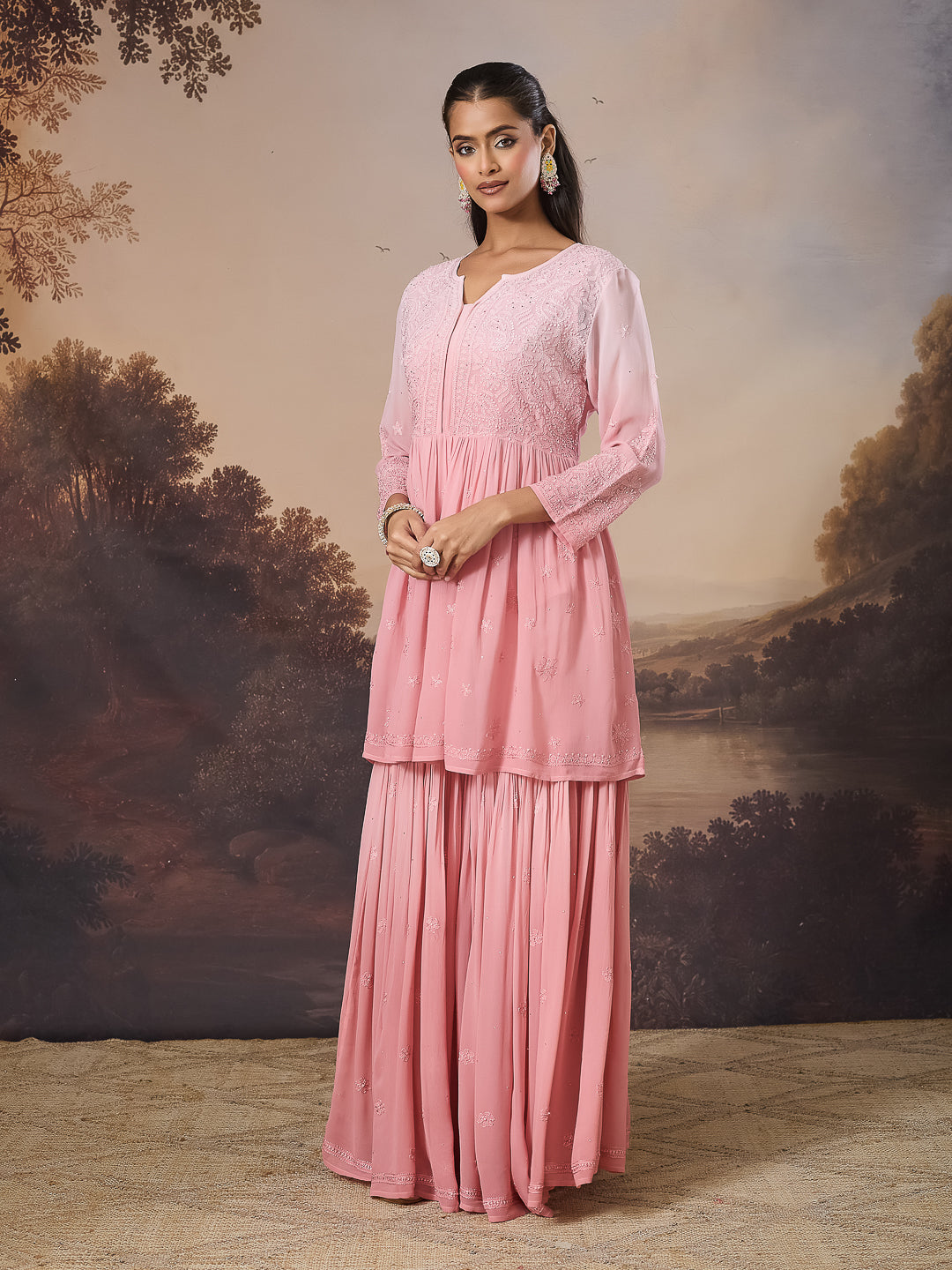 YAMINA CHIKANKARI GEORGETTE PINK TOP