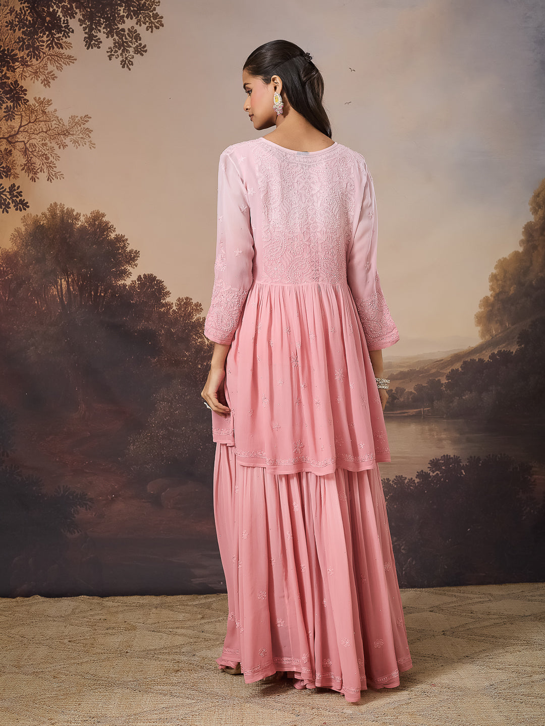 YAMINA CHIKANKARI GEORGETTE PINK TOP