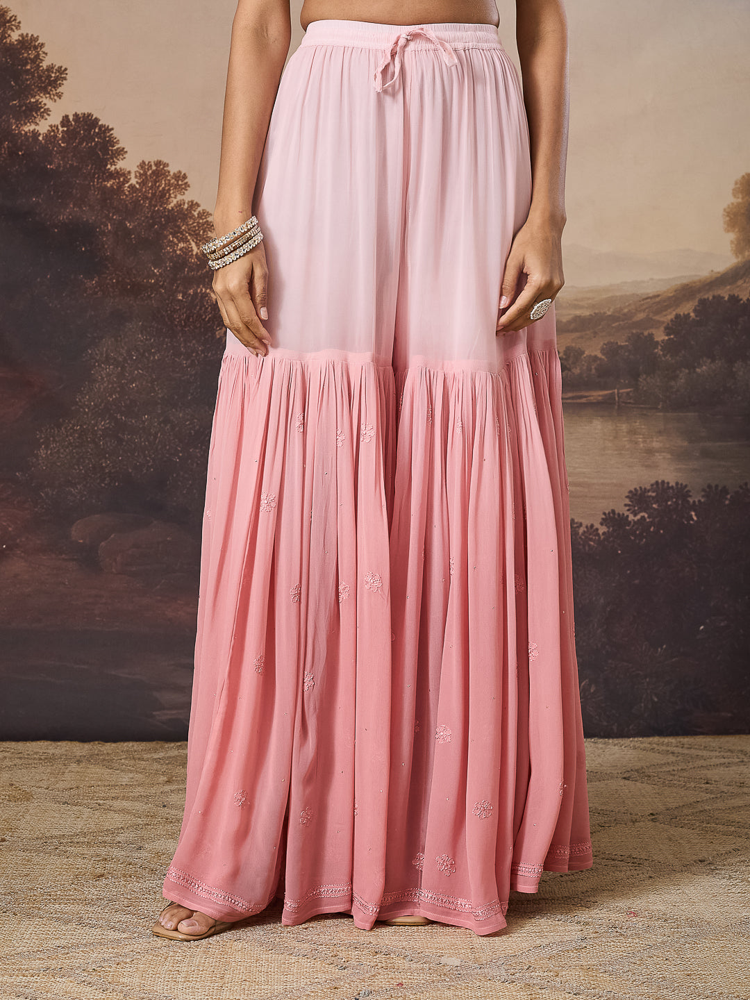 VINCA CHIKANKARI GEORGETTE PINK SHARARA