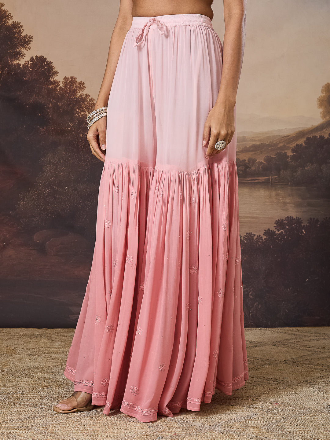 VINCA CHIKANKARI GEORGETTE PINK SHARARA