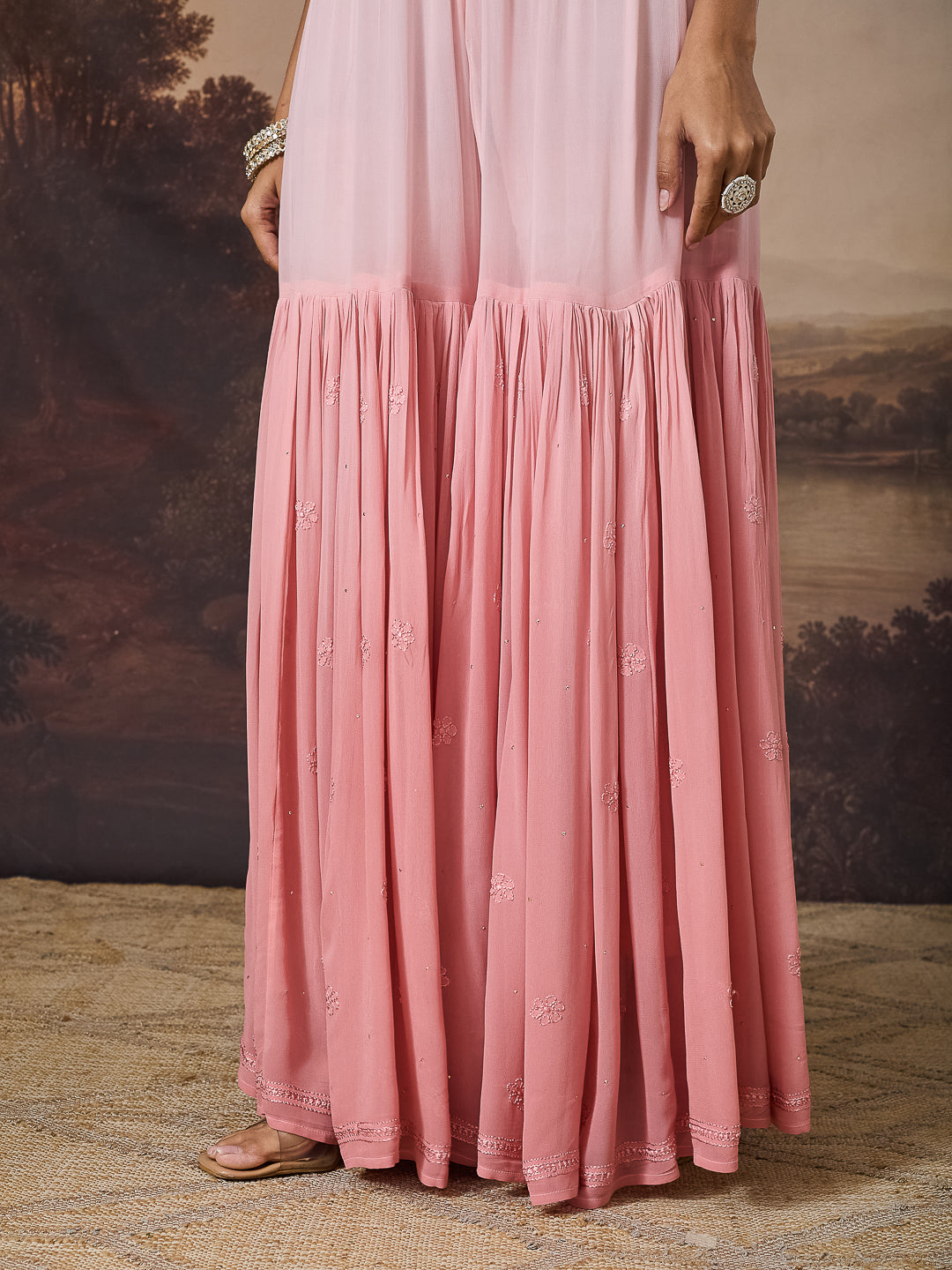 VINCA CHIKANKARI GEORGETTE PINK SHARARA