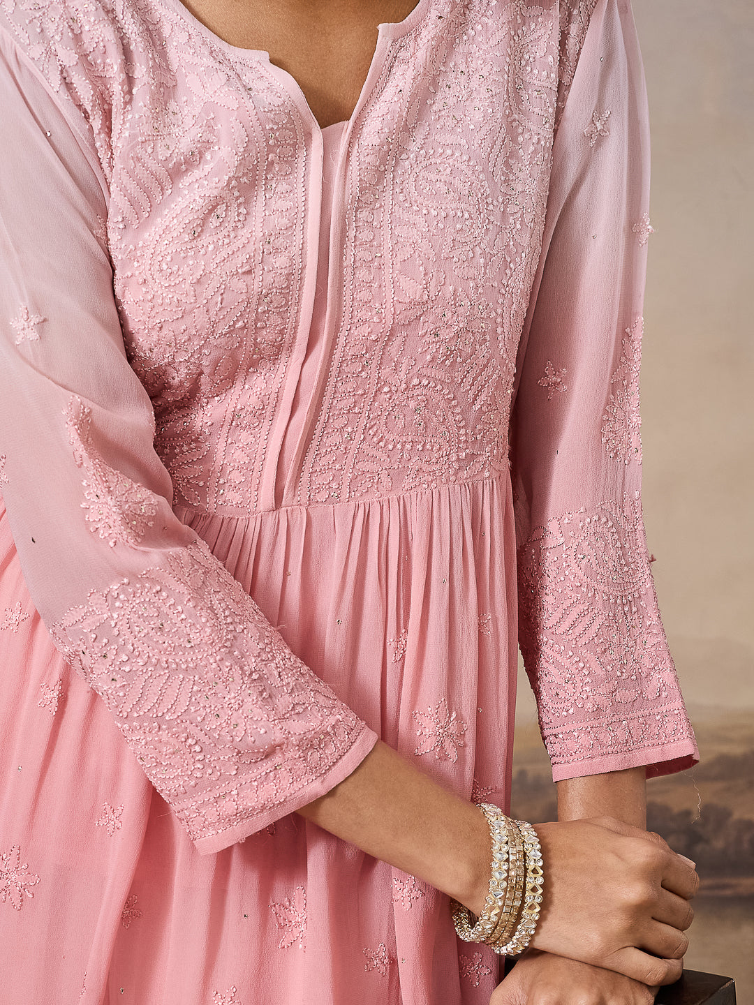 YAMINA CHIKANKARI GEORGETTE PINK TOP