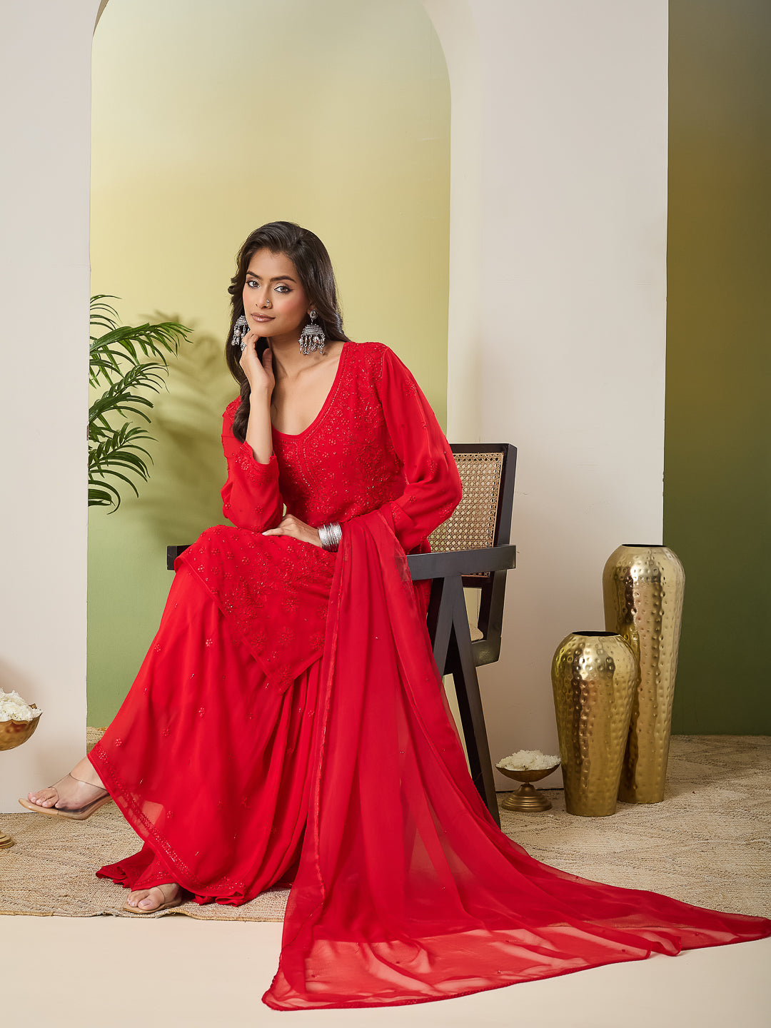 MERAKI CHIKANKARI GEORGETTE RED KURTA