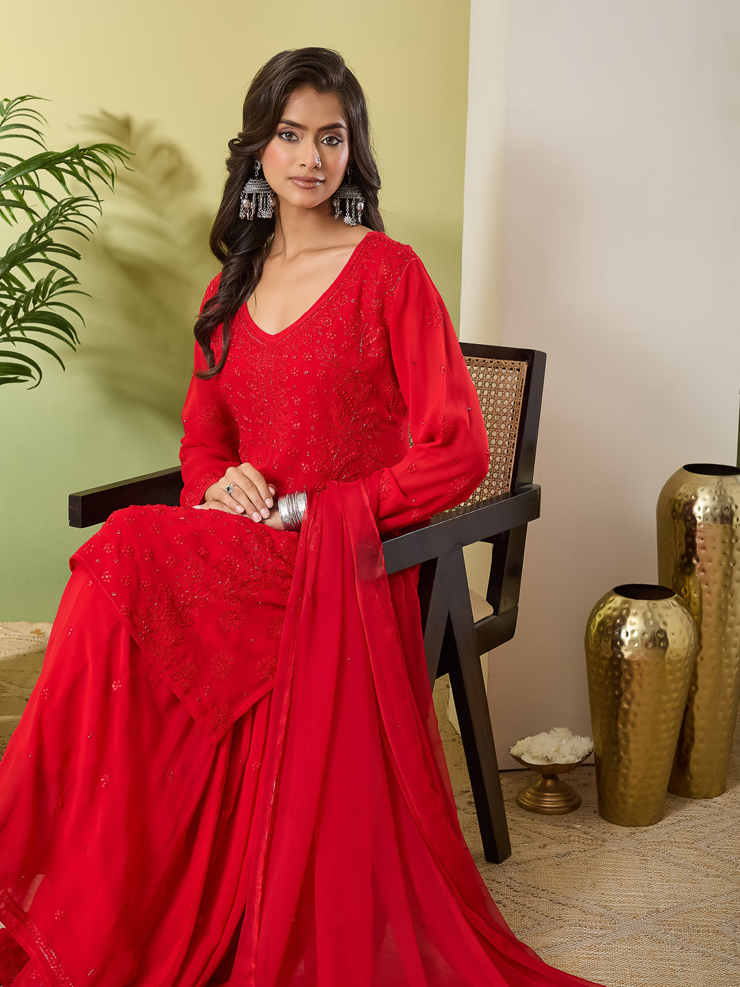 PANKHURI CHIKANKARI RED GEORGETTE SHARARA