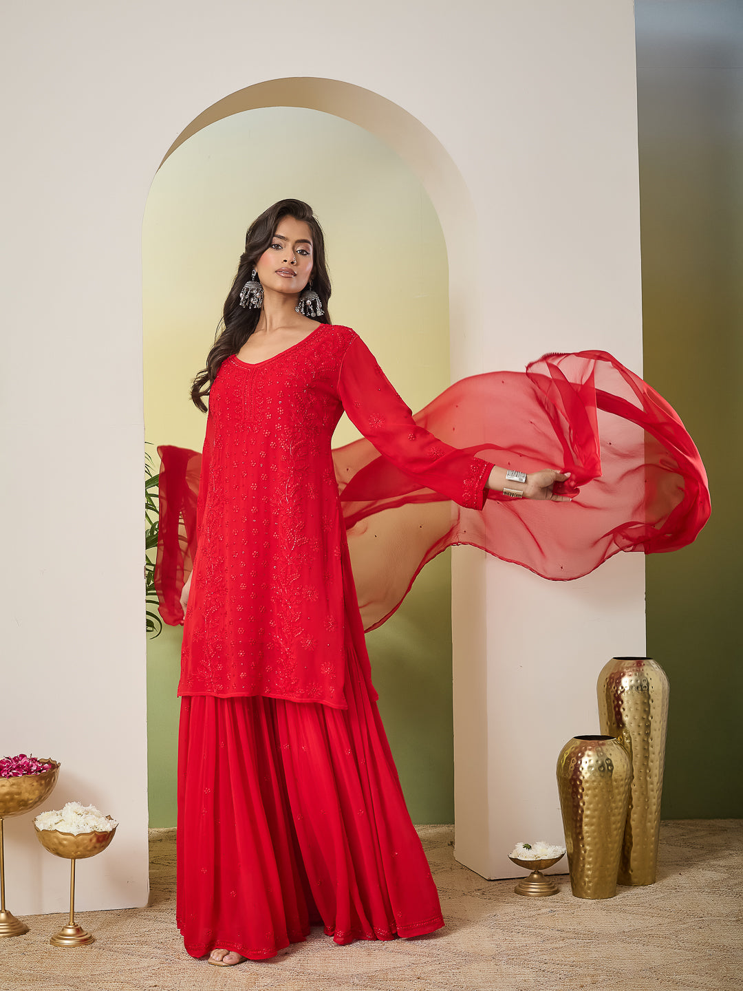 MERAKI CHIKANKARI GEORGETTE RED KURTA