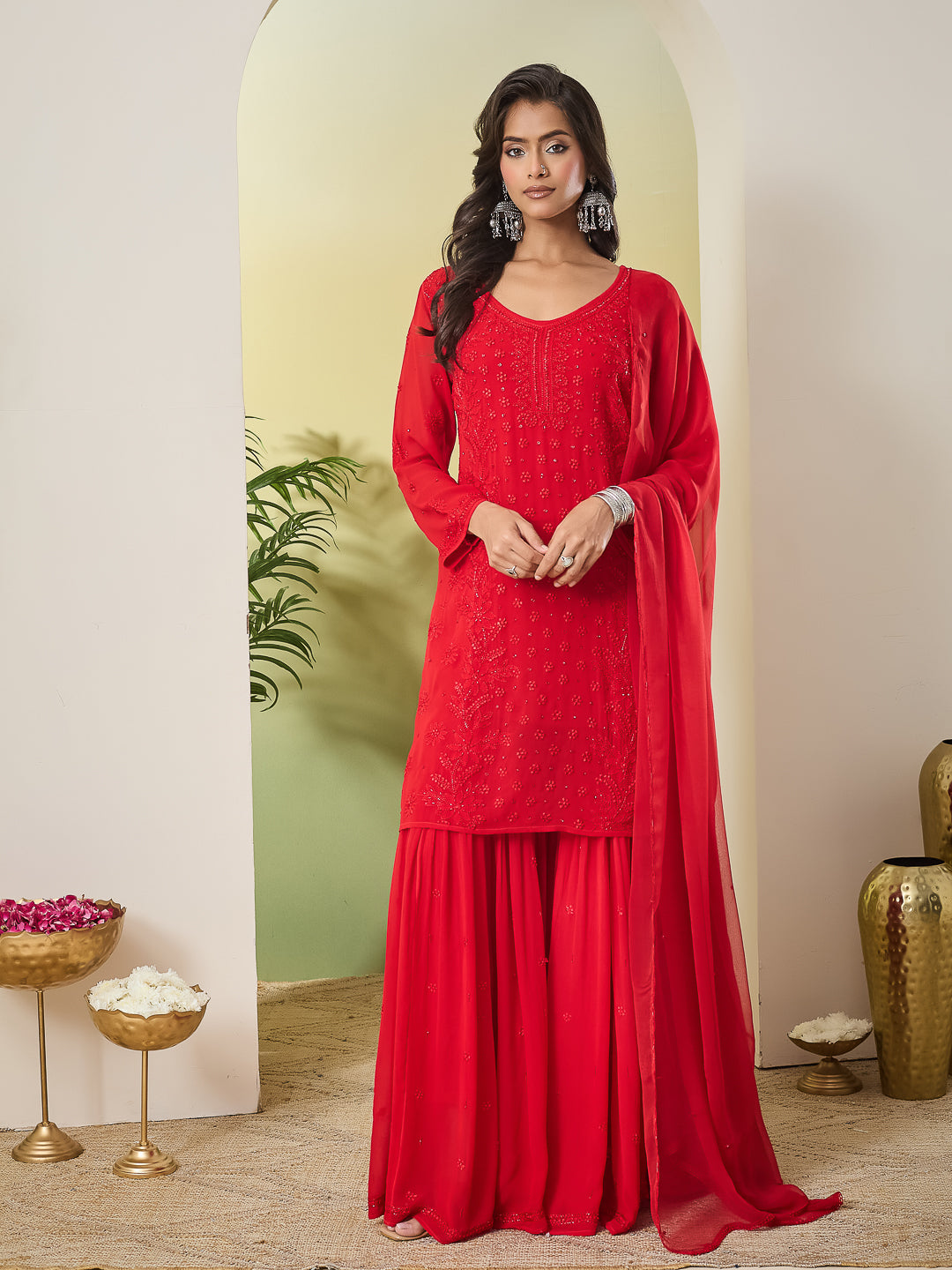 MERAKI CHIKANKARI GEORGETTE RED KURTA