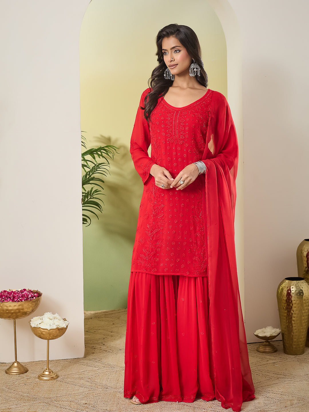 MERAKI CHIKANKARI GEORGETTE RED KURTA