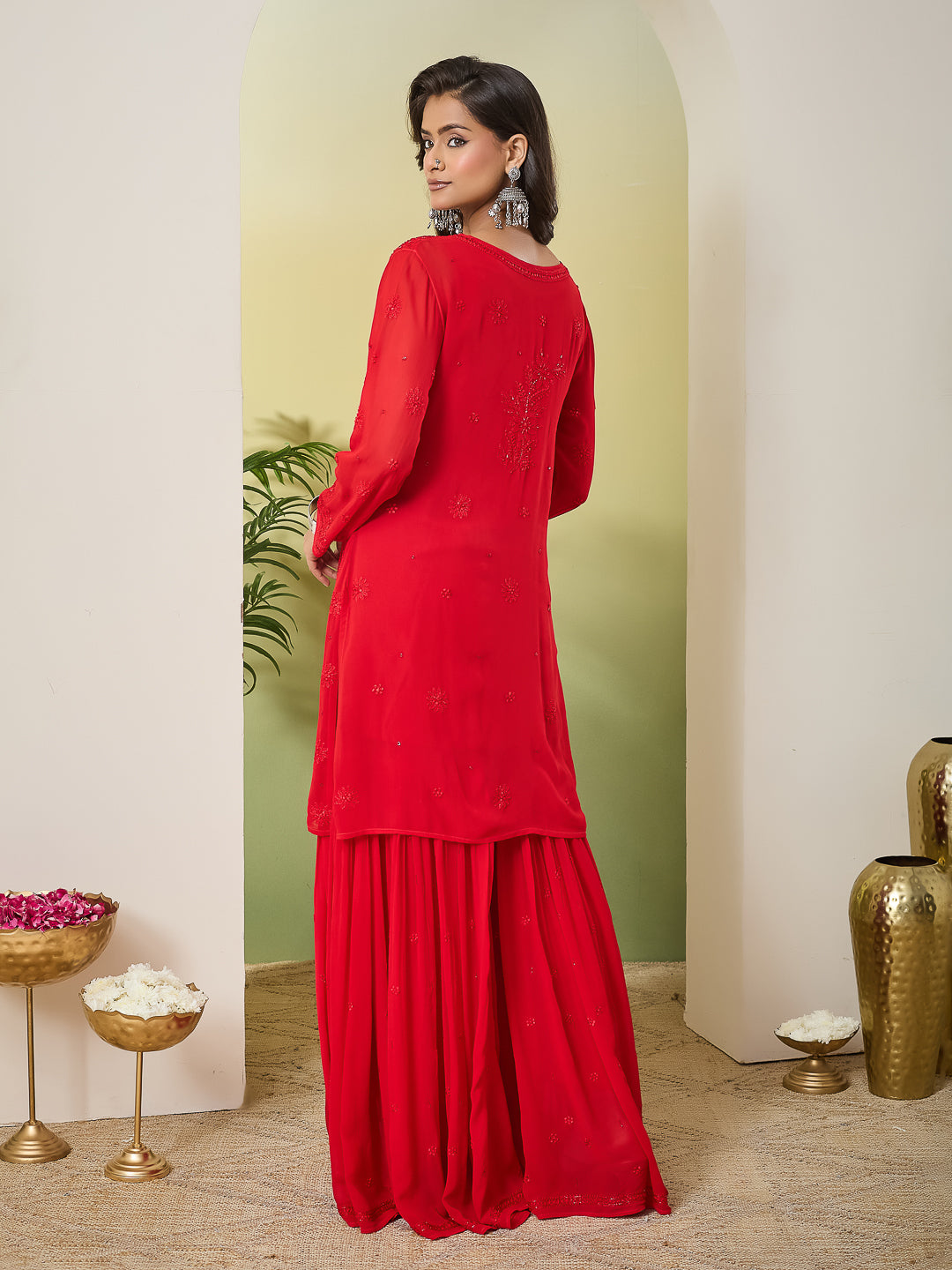 PANKHURI CHIKANKARI RED GEORGETTE SHARARA