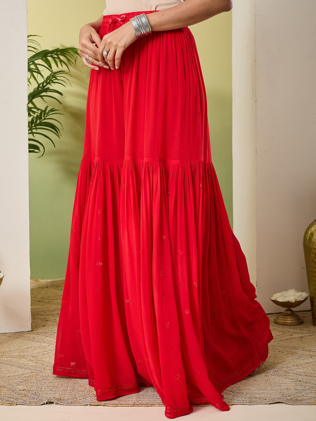 PANKHURI CHIKANKARI RED GEORGETTE SHARARA