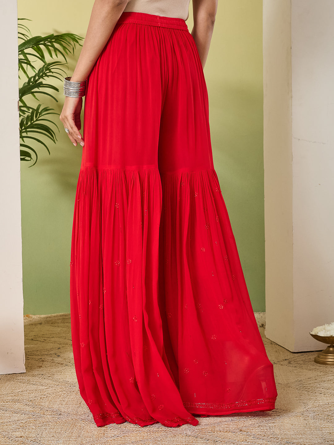 PANKHURI CHIKANKARI RED GEORGETTE SHARARA