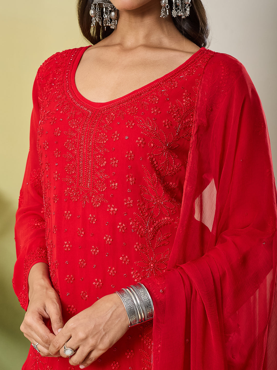 MERAKI CHIKANKARI GEORGETTE RED KURTA