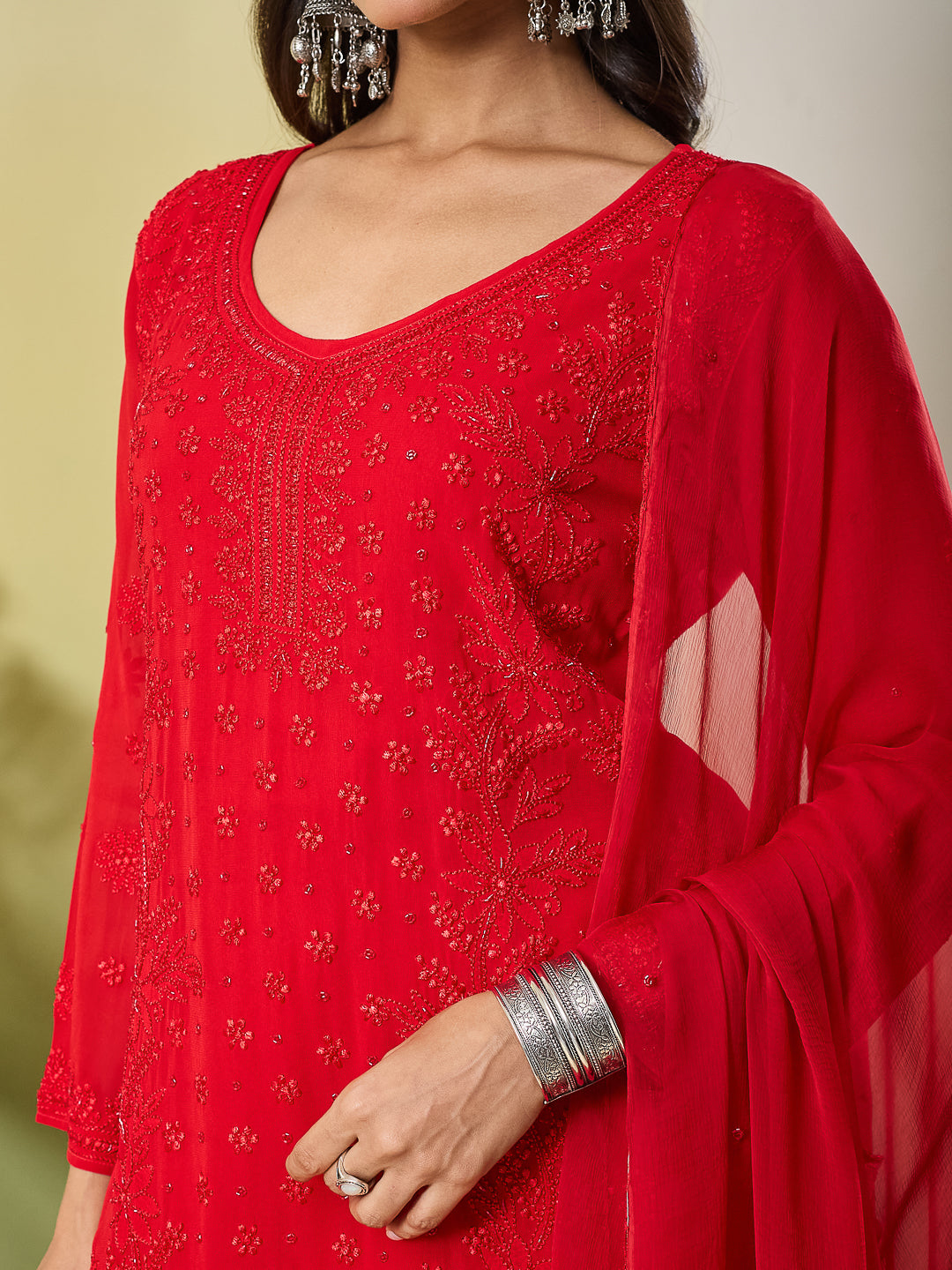 MERAKI CHIKANKARI GEORGETTE RED SHARARA SET
