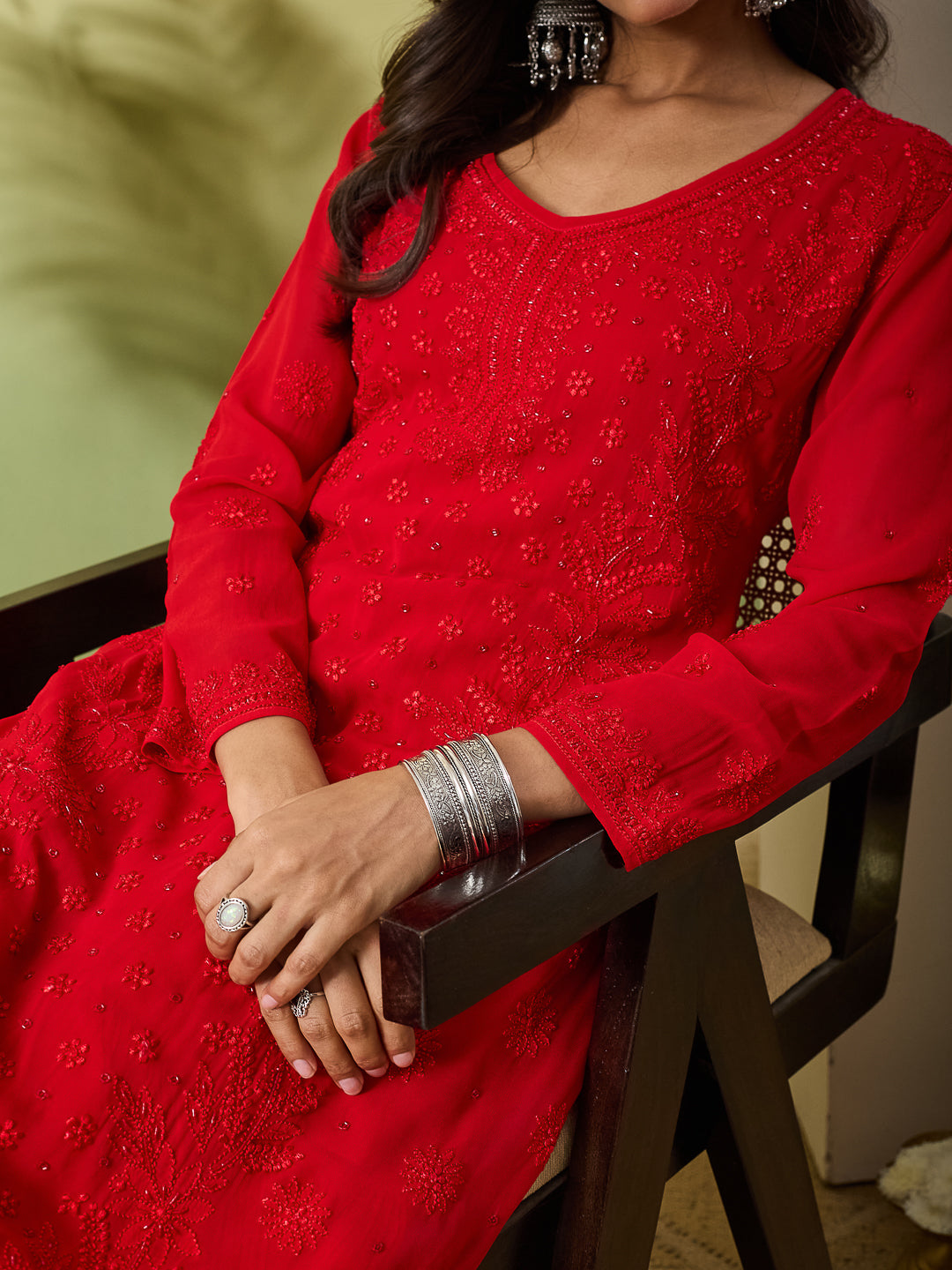 MERAKI CHIKANKARI GEORGETTE RED KURTA