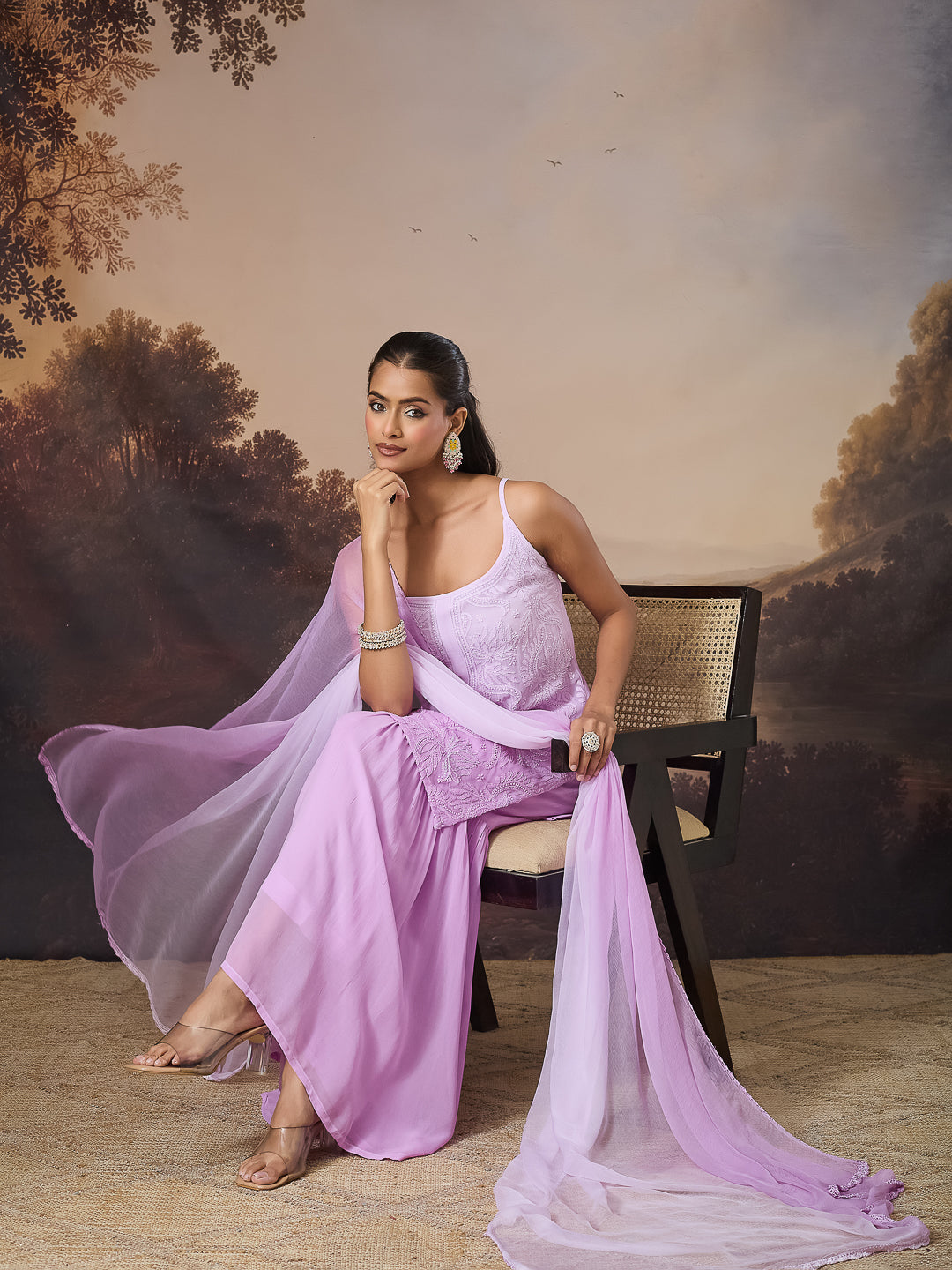 NALINI CHIKANKARI GEORGETTE LILAC KURTA SET