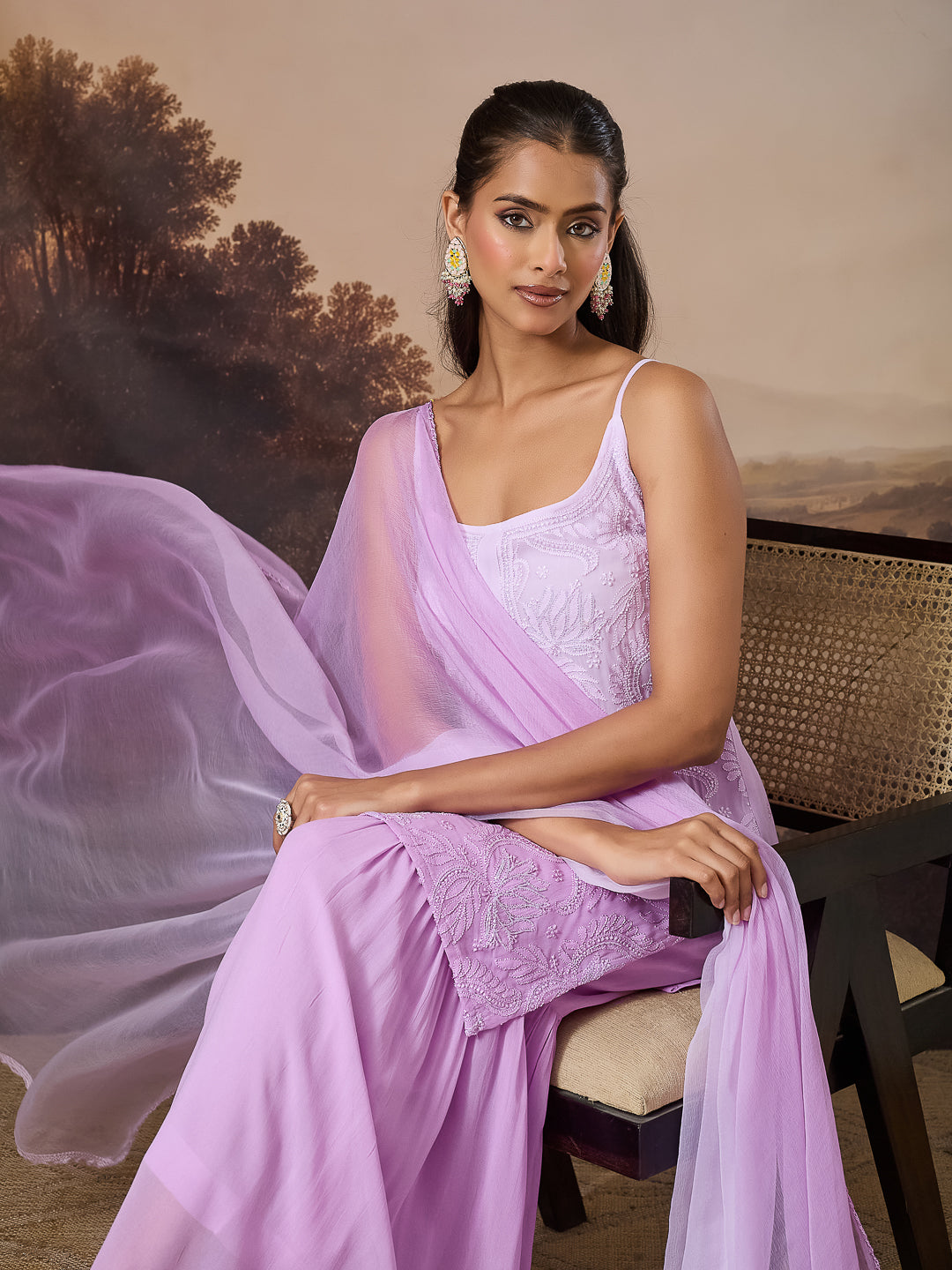 NALINI CHIKANKARI GEORGETTE LILAC KURTA SET
