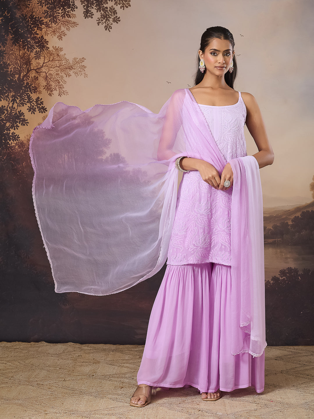NALINI CHIKANKARI GEORGETTE LILAC KURTA SET