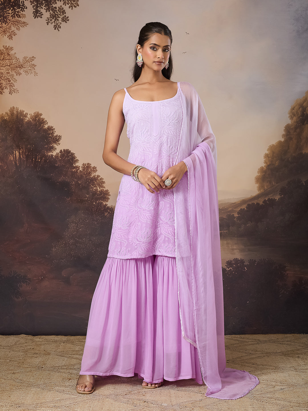 NALINI CHIKANKARI GEORGETTE LILAC KURTA SET