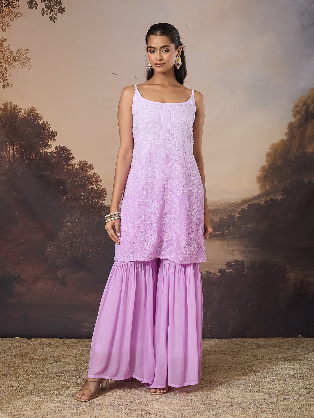 NALINI CHIKANKARI GEORGETTE LILAC KURTA SET