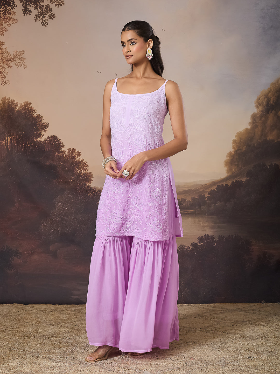NALINI CHIKANKARI GEORGETTE LILAC KURTA SET