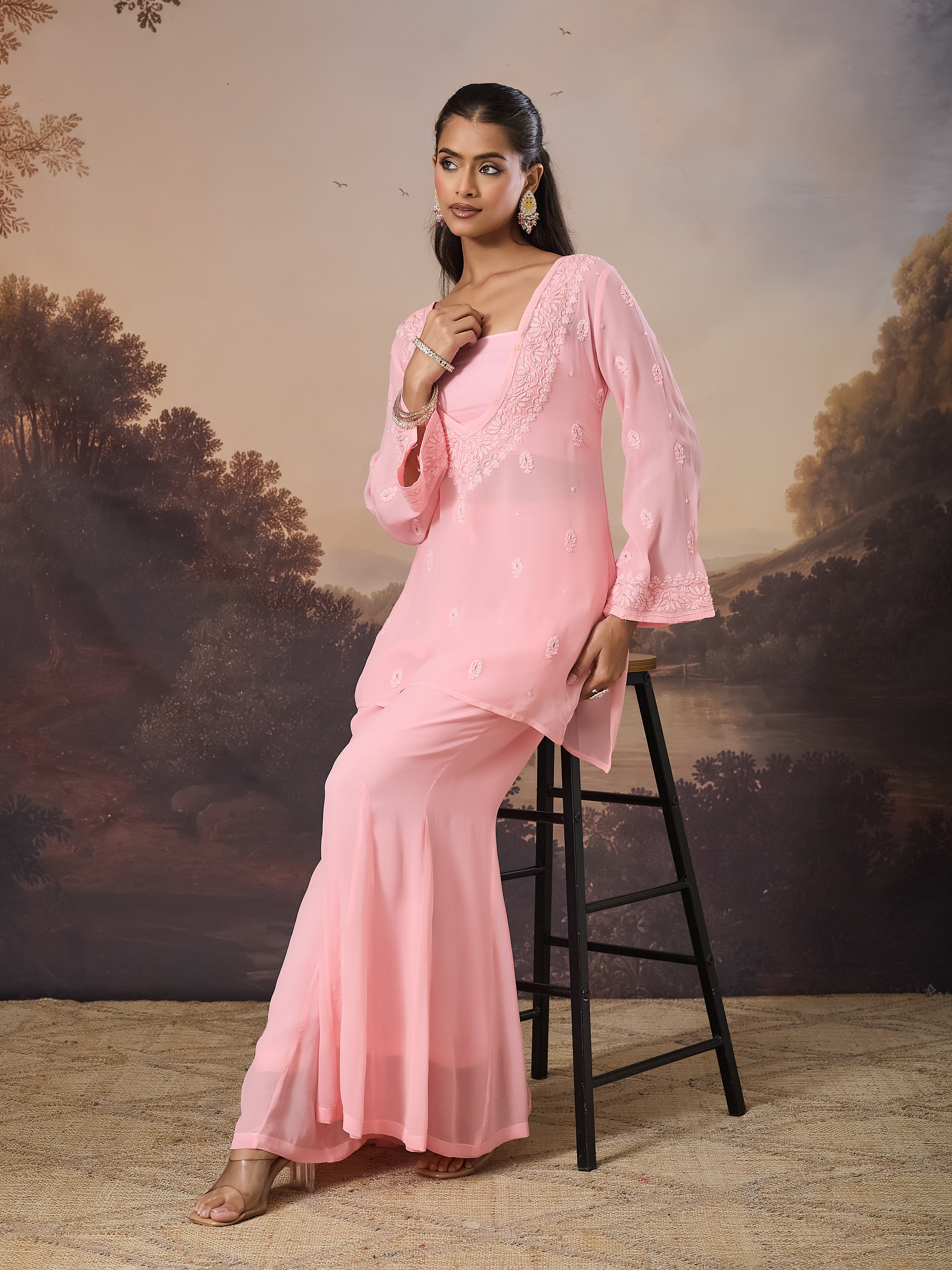PARIZAD CHIKANKARI GEORGETTE PINK SET