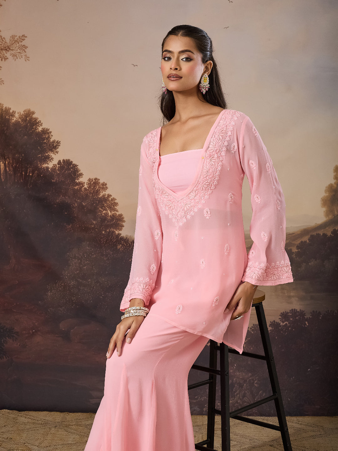 PARIZAD CHIKANKARI GEORGETTE PINK TOP