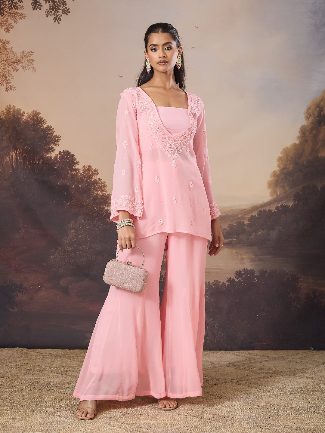 MALIKA CHIKANKARI GEORGETTE PINK PALAZZO PANTS