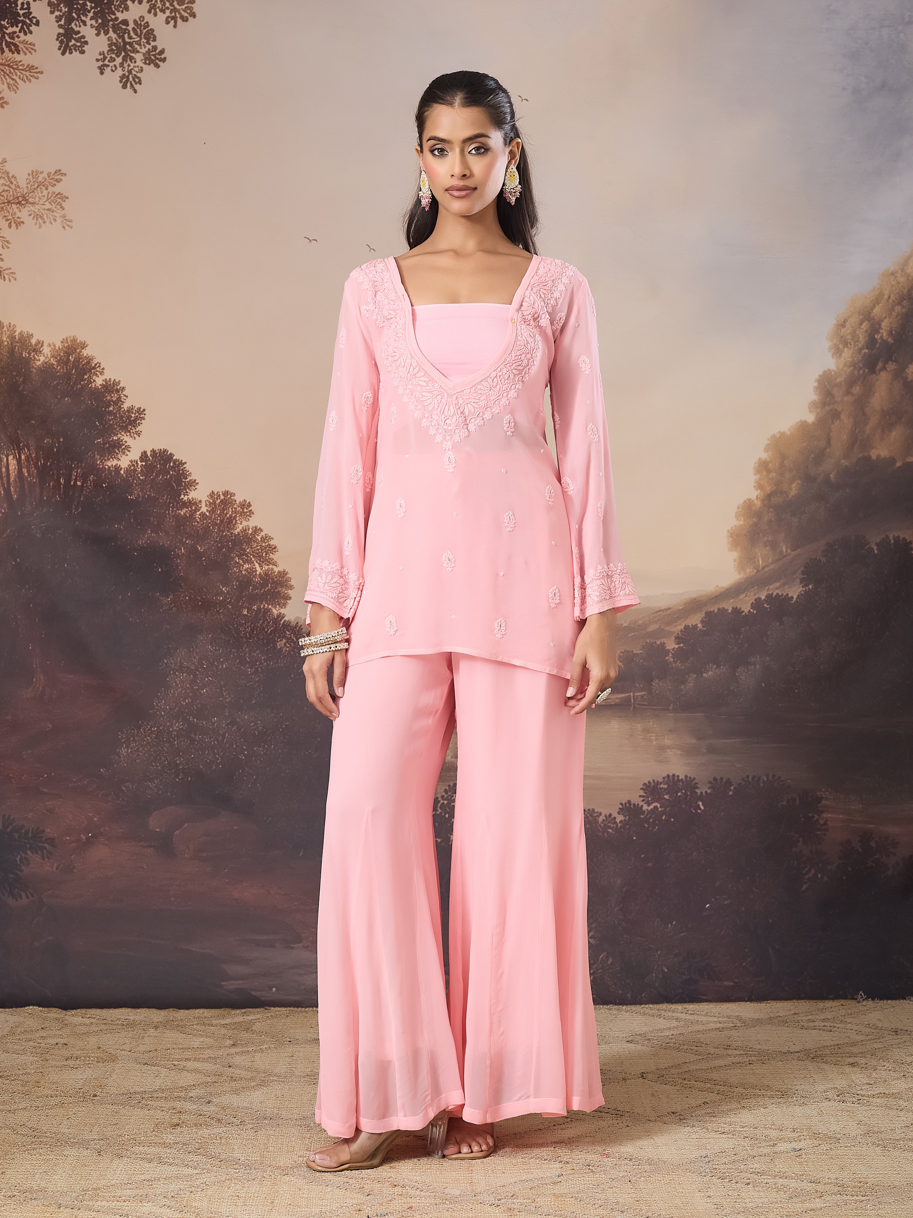 PARIZAD CHIKANKARI GEORGETTE PINK SET