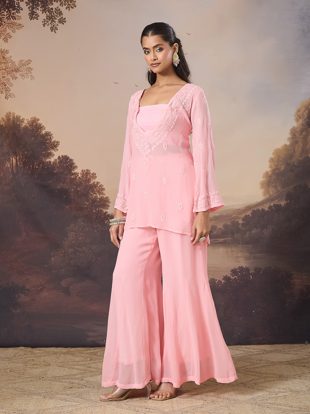 PARIZAD CHIKANKARI GEORGETTE PINK SET