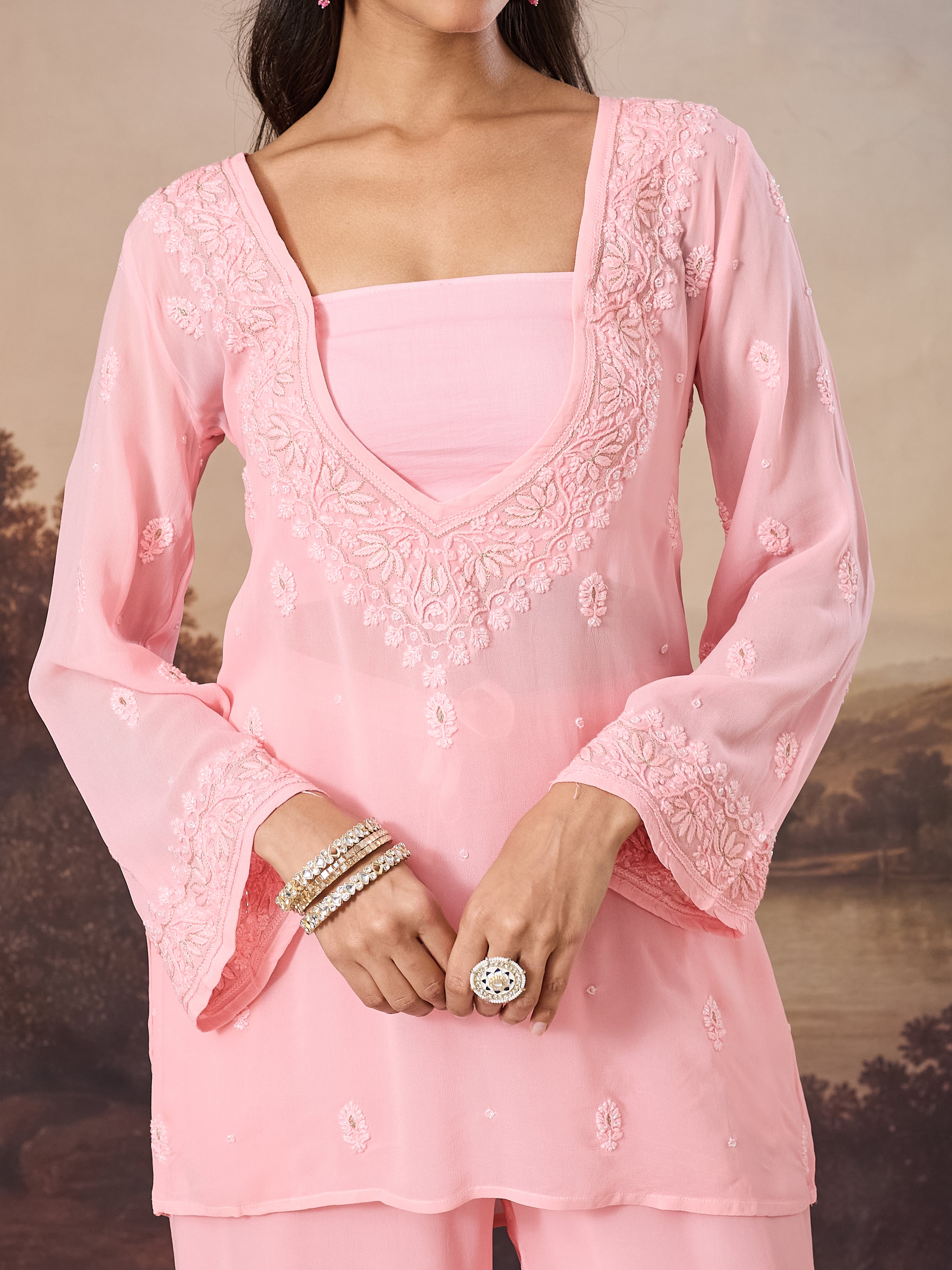 PARIZAD CHIKANKARI GEORGETTE PINK SET
