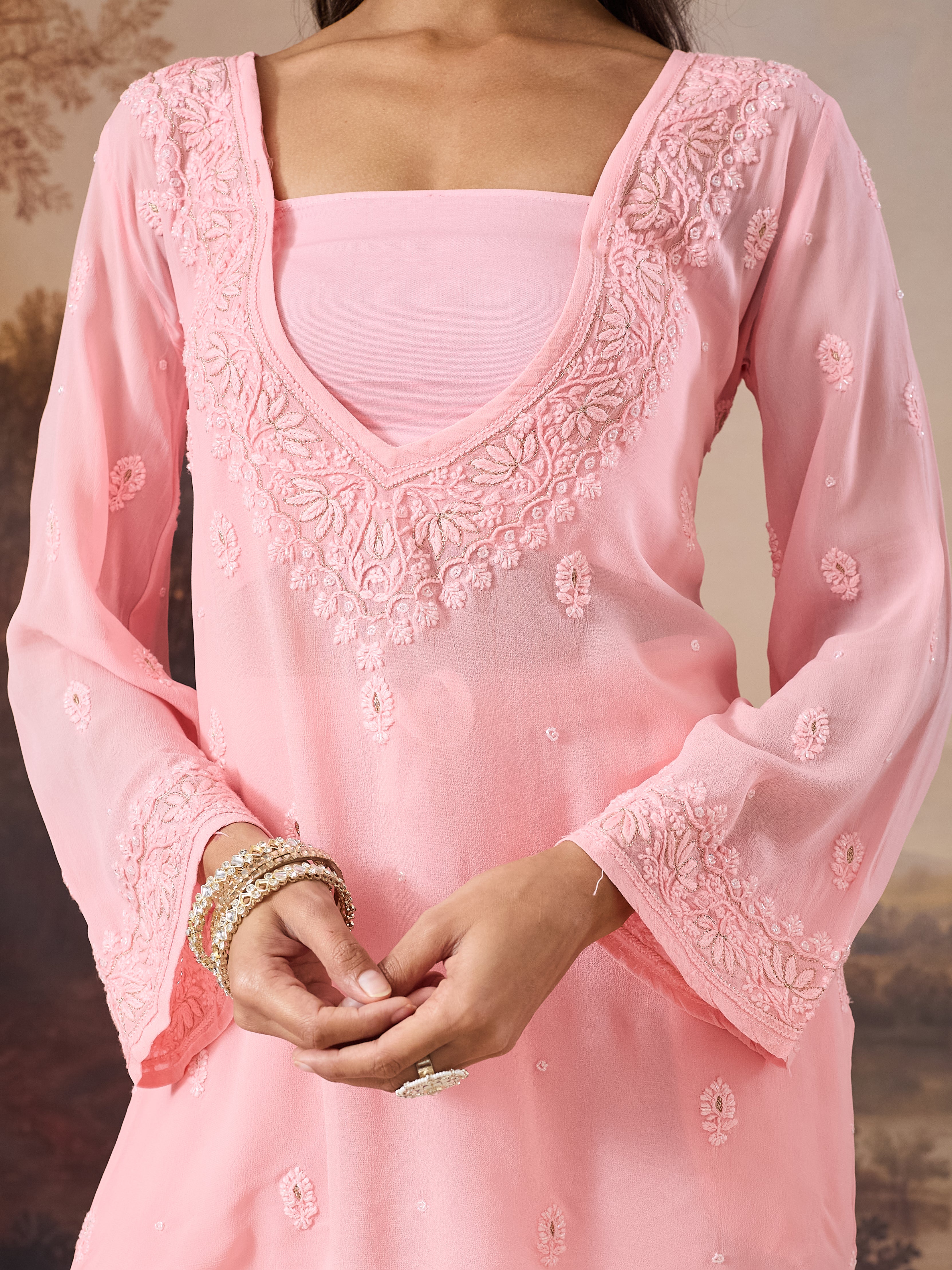 PARIZAD CHIKANKARI GEORGETTE PINK SET