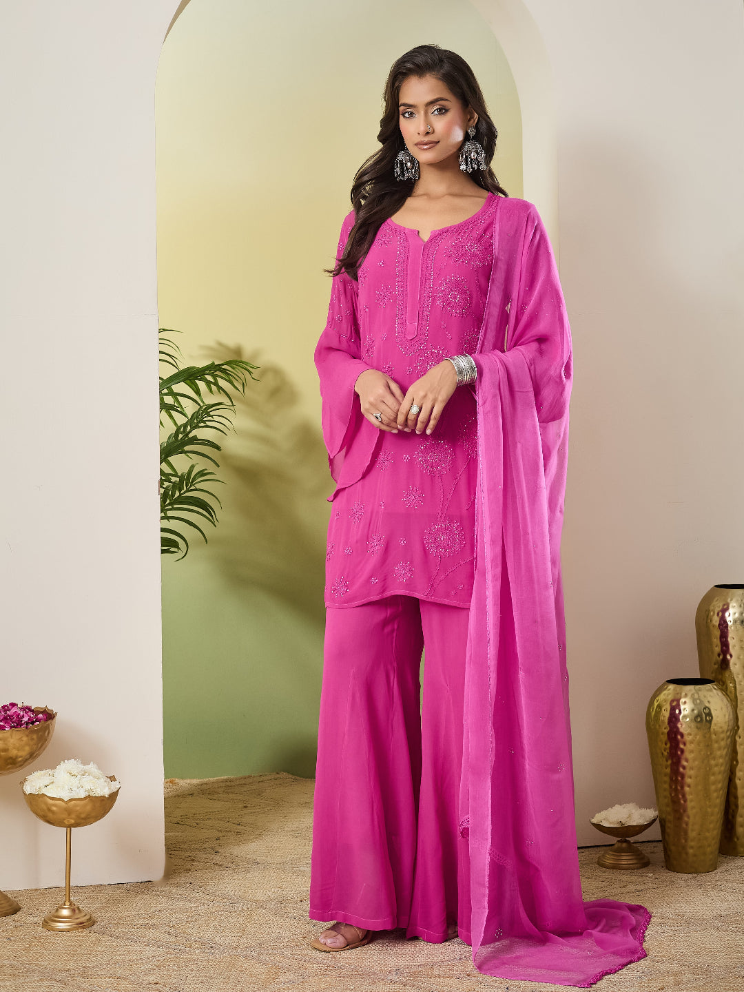 INAARA CHIKANKARI GEORGETTE PINK TOP