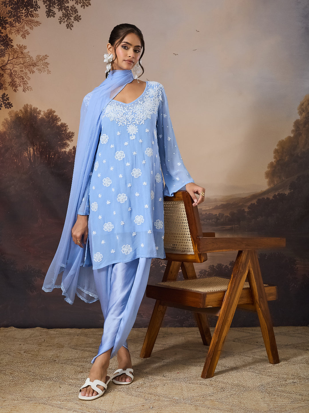 ISA CHIKANKARI MODAL SATIN BLUE TULIP PANTS