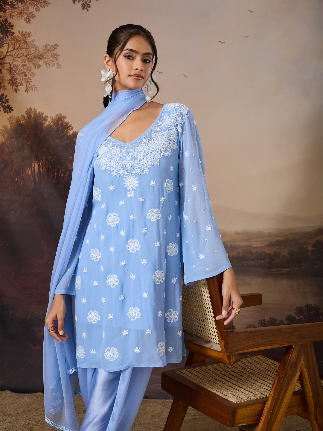 SORAYA CHIKANKARI GEORGETTE BLUE KURTA