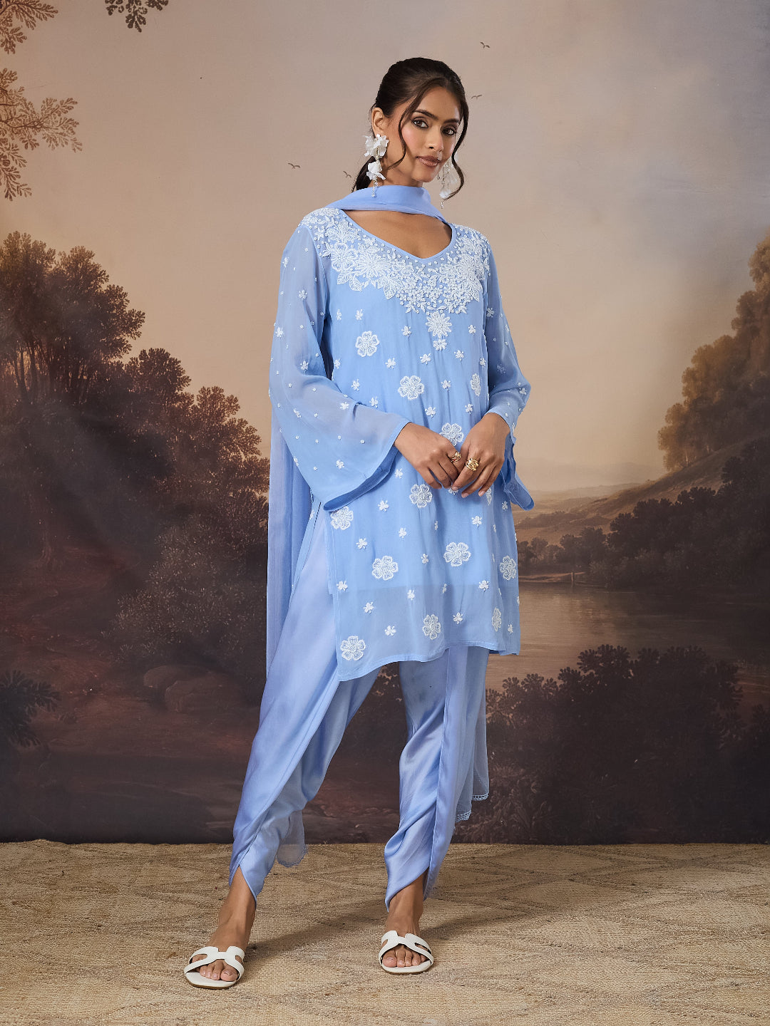 SORAYA CHIKANKARI GEORGETTE BLUE KURTA SET