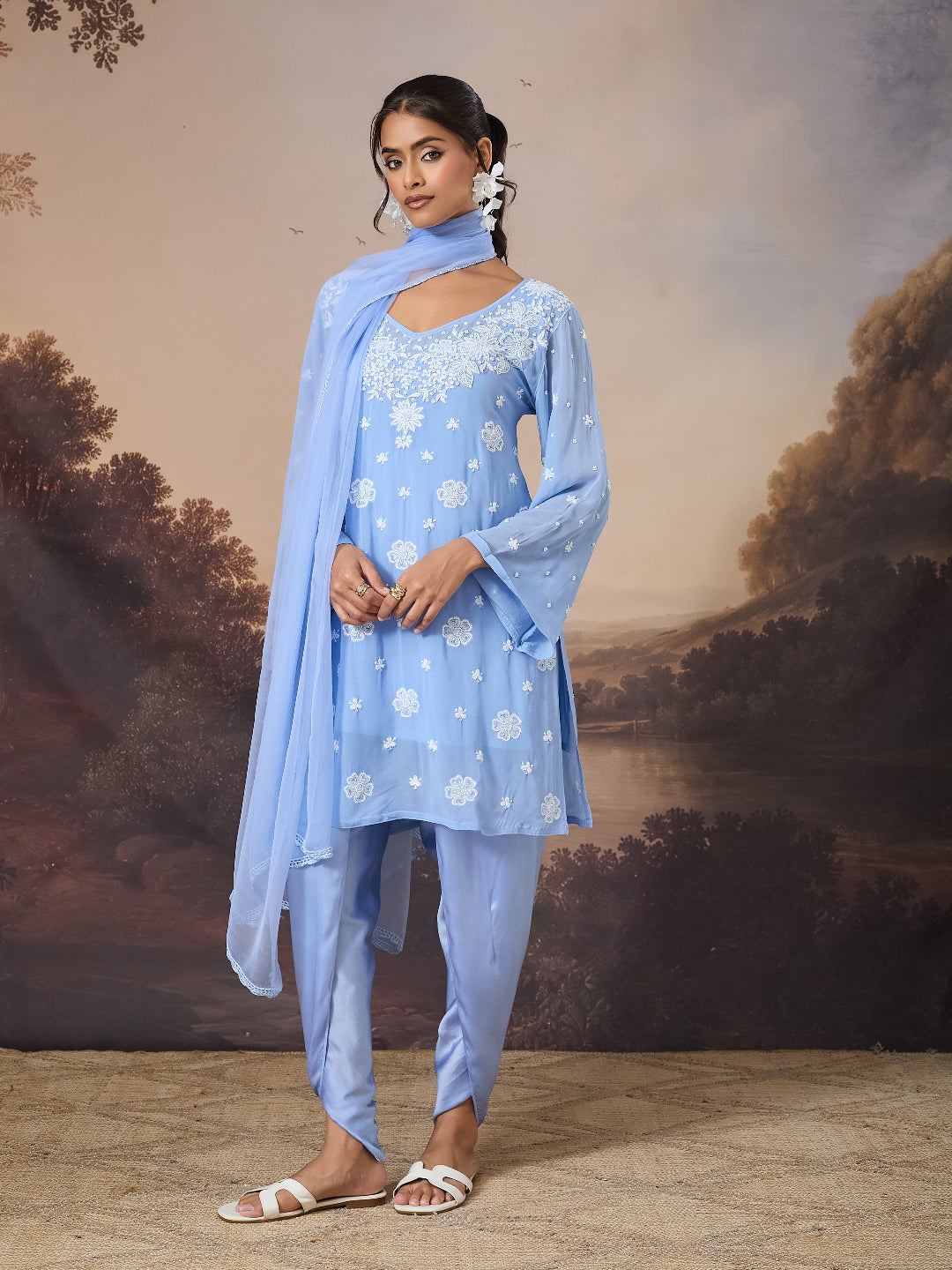 ISA CHIKANKARI MODAL SATIN BLUE TULIP PANTS