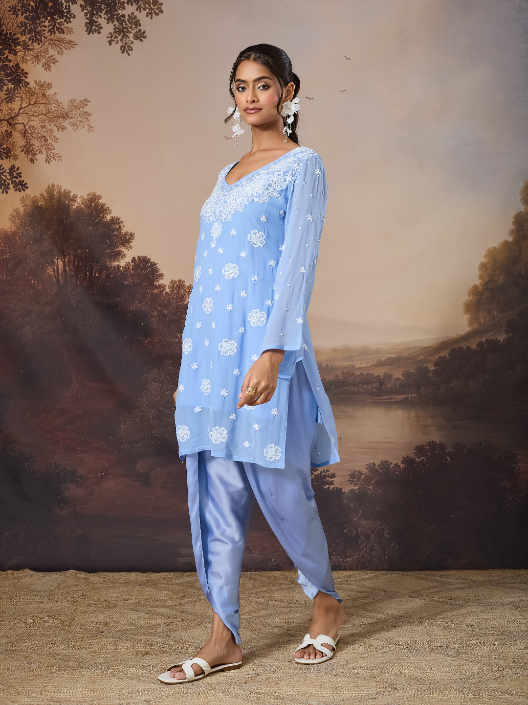 ISA CHIKANKARI MODAL SATIN BLUE TULIP PANTS