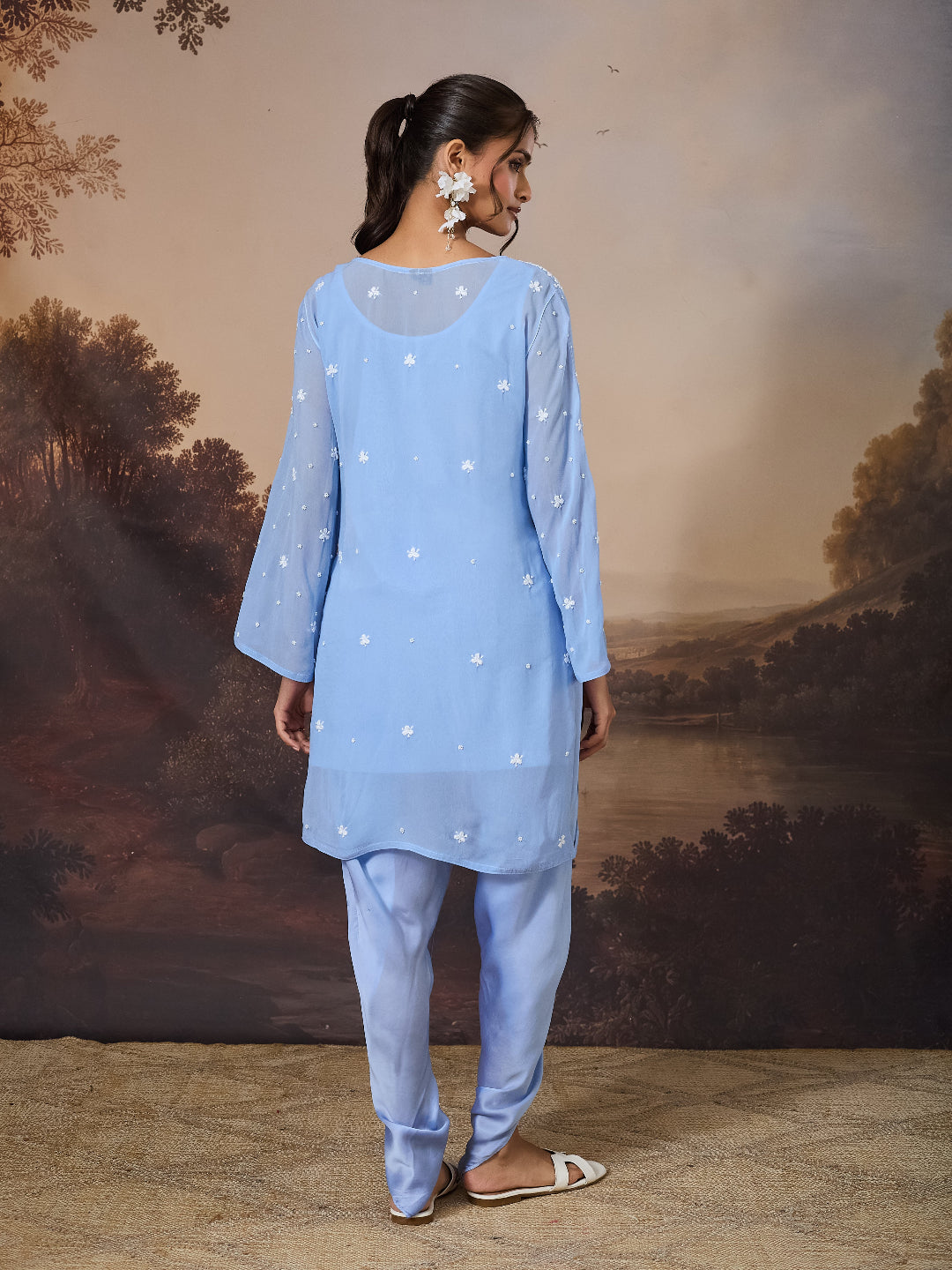 ISA CHIKANKARI MODAL SATIN BLUE TULIP PANTS