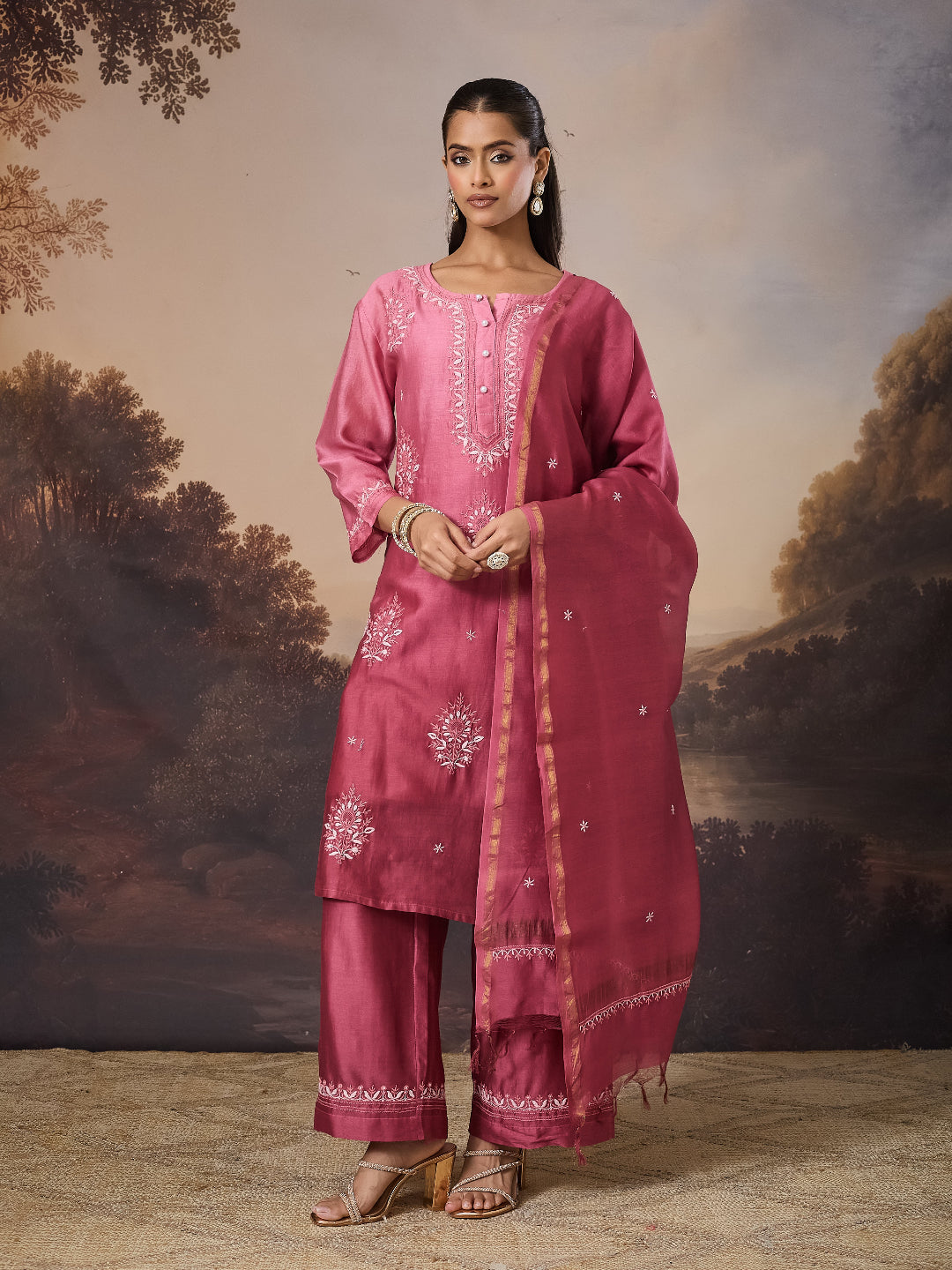 ANBAR CHIKANKARI CHANDERI PINK KURTA SET