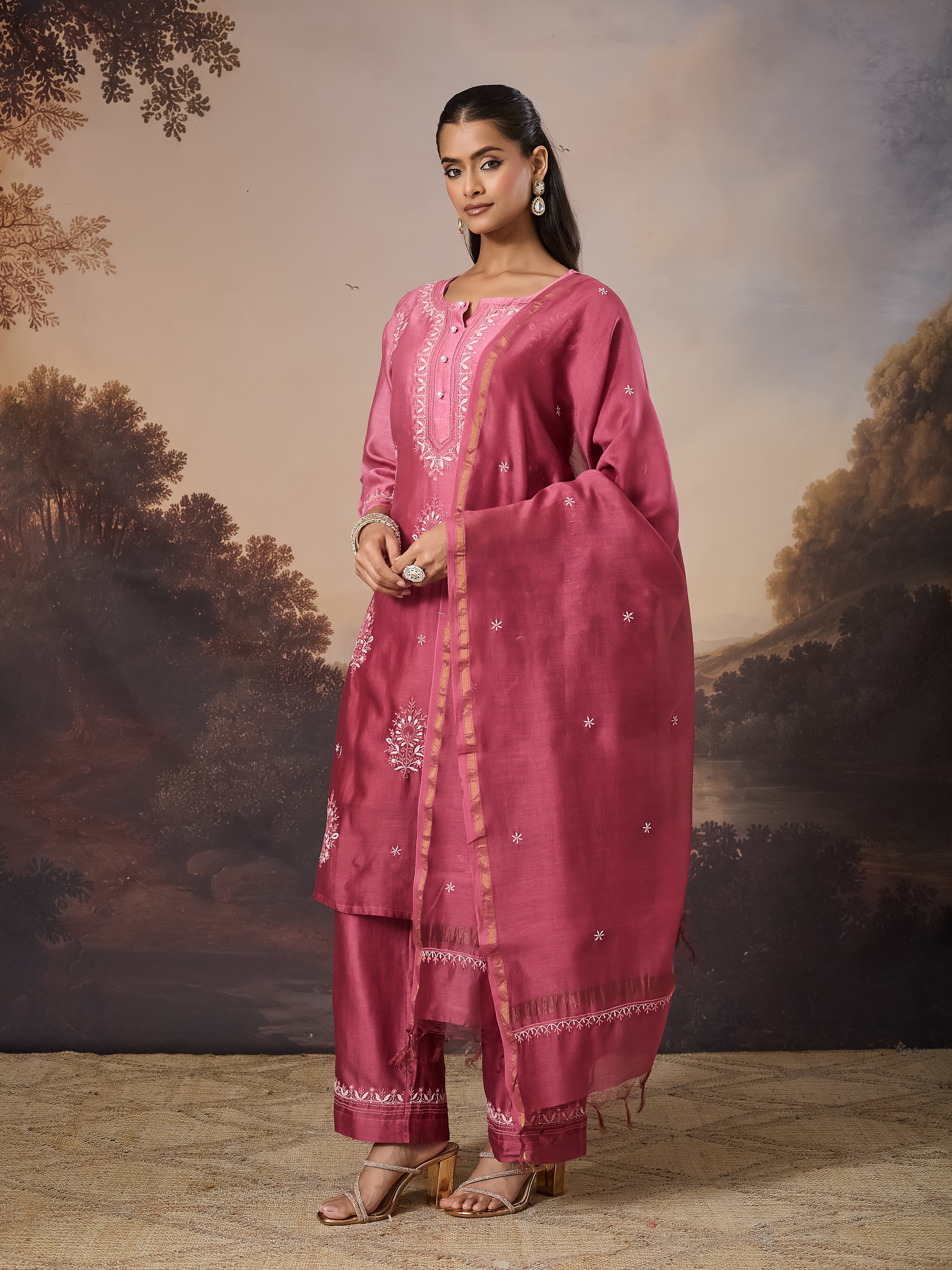 ANBAR CHIKANKARI CHANDERI PINK KURTA SET