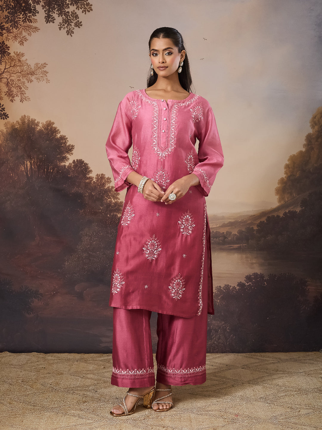 ANBAR CHIKANKARI CHANDERI PINK KURTA