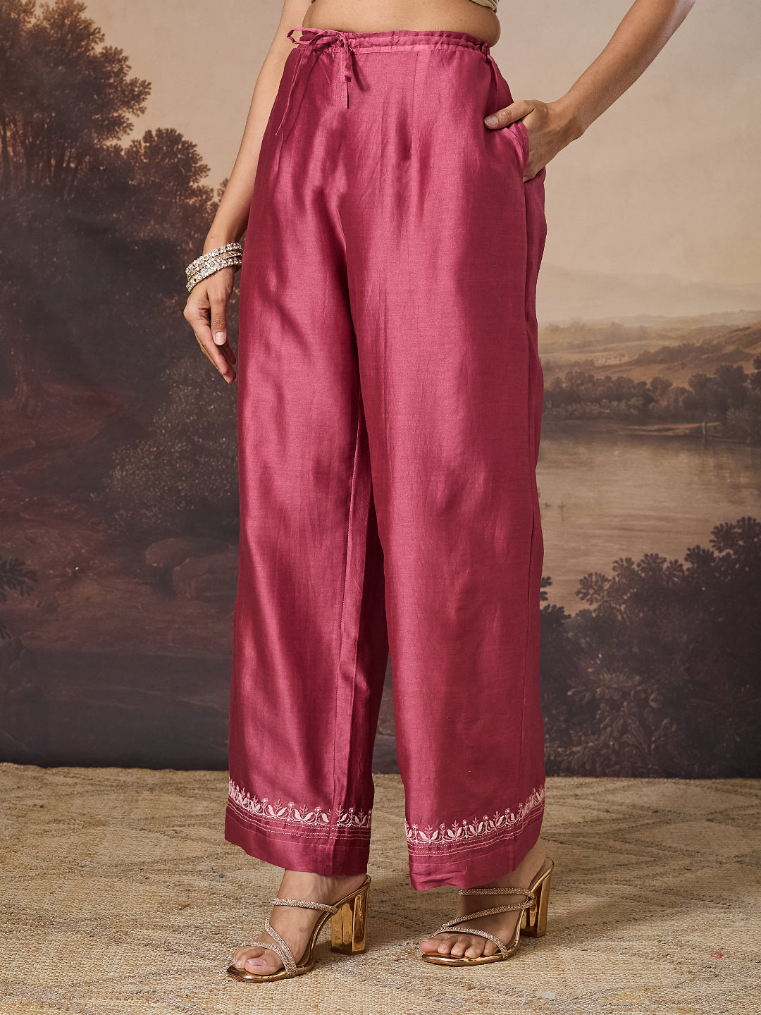ANBAR CHIKANKARI CHANDERI  PINK WIDE LEG PANTS